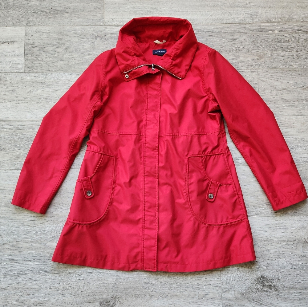 Lands' End Red Coat Womens Medium Layered Pockets Collar Zipper Snaps